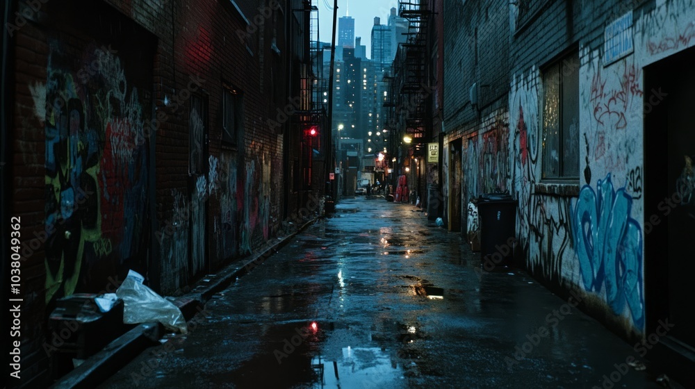 Graffiti-Filled Alleyway at Dusk with Dramatic Lighting and City Lights Reflecting Off Artwork, Photorealistic Scene