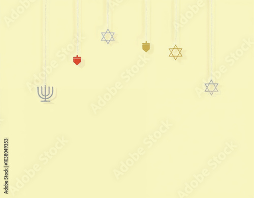 a Hanukkah garland with star of David icons and dreidels with menorah hanging from the strings