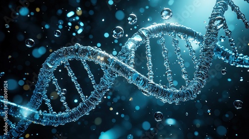 A hyper-realistic depiction of a double helix DNA on a blue background, adorned with three large water drops, a big bubble in the center, and small bubbles surrounding it, all illuminated by neon ligh