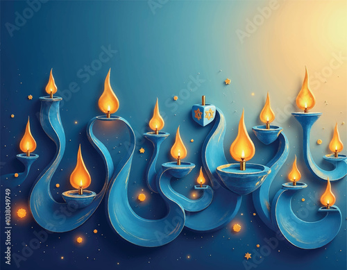 a blue background with menorah in swirling patterns and candles lighted up with dreidels on it