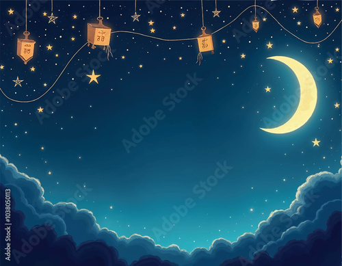 a vector of a night sky with a moon and stars with lanterns of hanukkah symbols on it