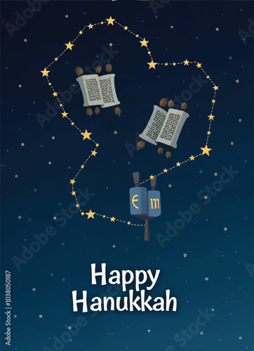 poster for hanukkah holidays with constellation and hanukkah symbols with text Happy Hanukkah on it