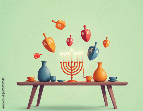 a vector cartoon drawing of a menorah with candles lighted up and jugs with dreidels on table