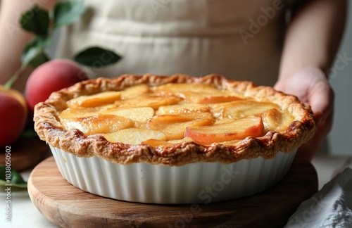 Delicious homemade tart with fresh apples presented on a wooden board in a co...