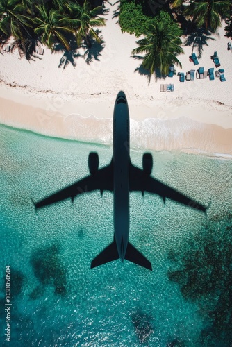 Aerial view of an airplane flying over a tropical beach with clear turquoise ...