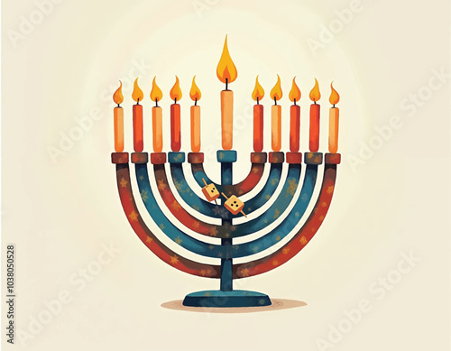 a vector drawing of a colorful menorah with candles lighted up on it on beige background