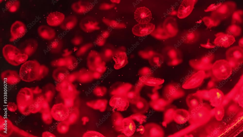 Jellyfish move elegantly in red lighting against a dark background, creating a mysterious atmosphere. This scene highlights the uniqueness of marine creatures and their enigmatic world. Jellyfish move elegantly in red lighting against a dark background, creating a mysterious atmosphere. This scene highlights the uniqueness of marine creatures and their enigmatic world.