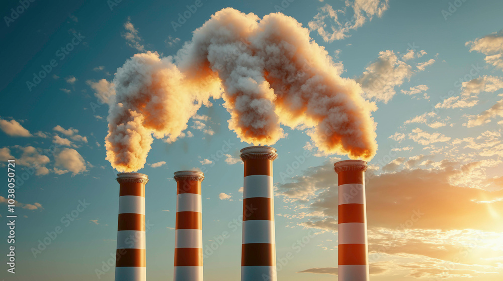 Fototapeta premium The image shows four industrial smokestacks emitting white smoke against a vibrant sky during sunset, symbolizing pollution and energy production.