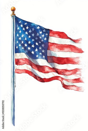 American flag painted in vivid watercolors flowing gracefully across a textur...