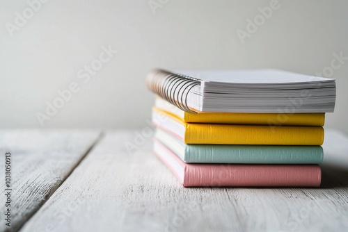 A stack of colorful notebooks and a blank notepad arranged neatly on a wooden...