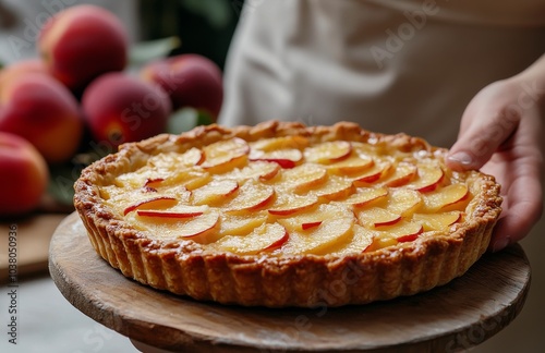 Delicious homemade tart with fresh apples presented on a wooden board in a co...