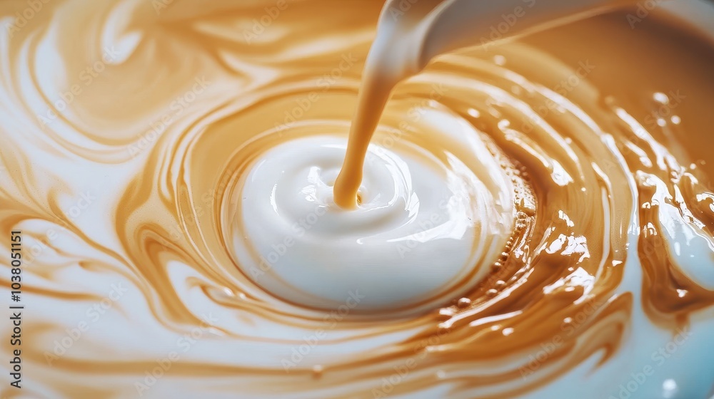 A close-up of milk being poured into coffee, creating a mesmerizing swirl pattern. A close-up of milk being poured into coffee, creating a mesmerizing swirl pattern.