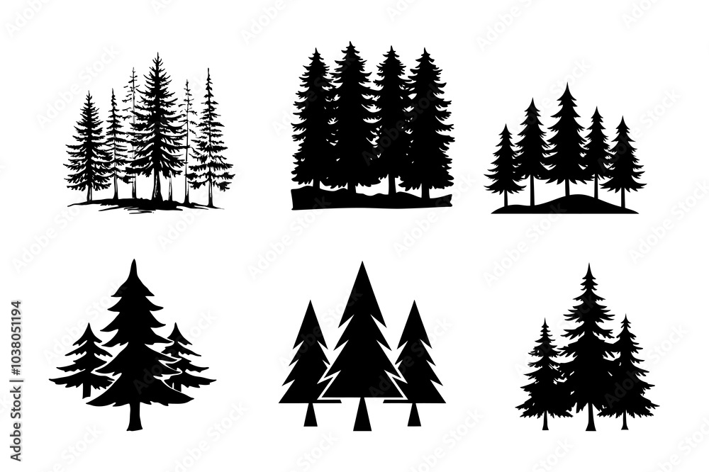 pine tree forest silhouette. pine tree landscape - Forest tree silhouettes collection