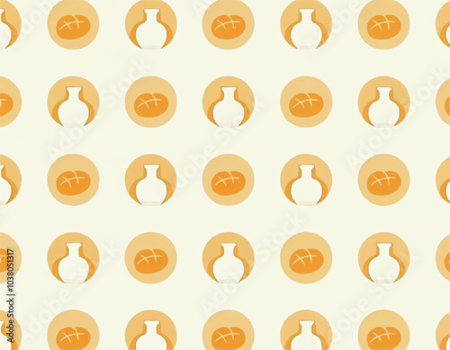 a set of hanukkah seamless pattern with challah breads and olive oil jugs on a beige background