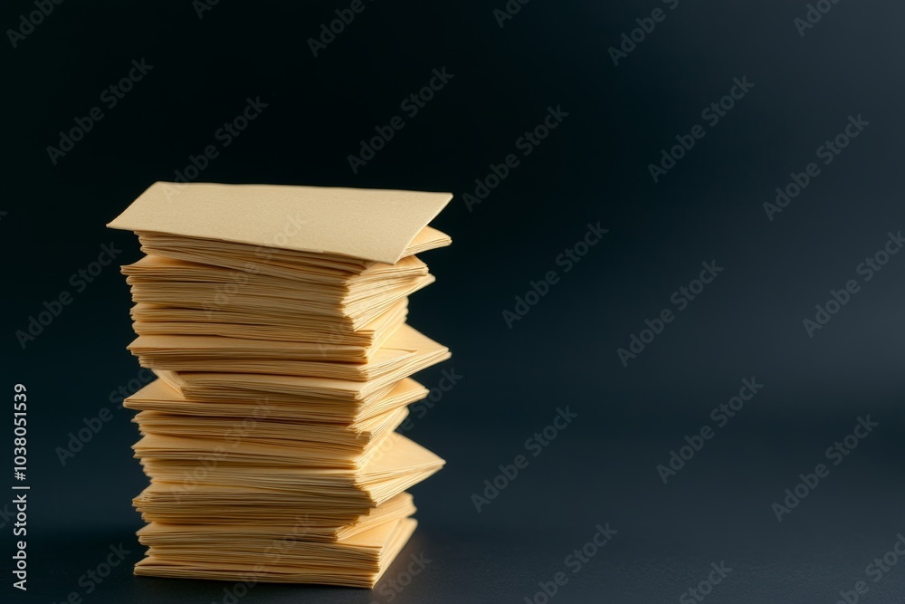 Stack of yellow papers on a black background. stack is piled high and he is a collection of business cards. Scene is somewhat serious, as the stack of cards suggests a business or work-related context Stack of yellow papers on a black background. stack is piled high and he is a collection of business cards. Scene is somewhat serious, as the stack of cards suggests a business or work-related context