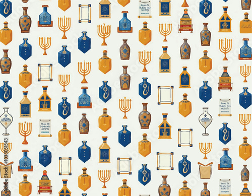 a wallpaper of hanukkah theme with menorahs, dreidels, torah scrolls and olive oil jugs pattern