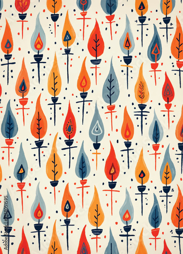 a vector wallpaper with a pattern of colorful hanukkah candle flames on a beige background