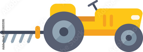 Yellow tractor is plowing the soil for a new crop to be planted, shown in a flat design style