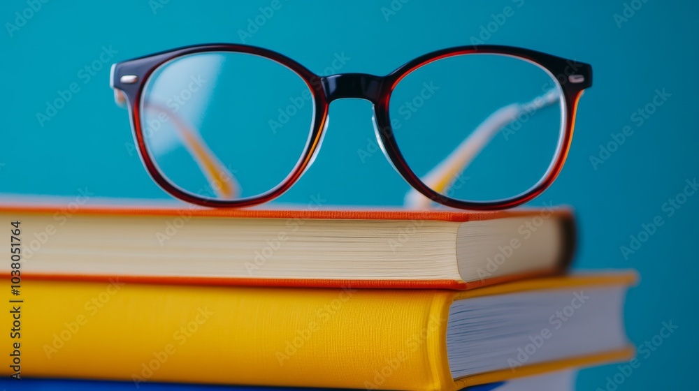 Pair of glasses sits on top of a stack of books. The glasses are brown and black, and the books are yellow and blue. Concept of focus and concentration, as the glasses Pair of glasses sits on top of a stack of books. The glasses are brown and black, and the books are yellow and blue. Concept of focus and concentration, as the glasses
