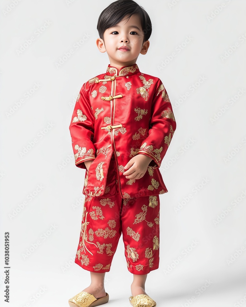 Young Boy in Traditional Red and Gold Chinese Outfit, Cultural Festive Attire for Kids, Portrait of Child Celebrating in Ethnic Clothing, Chinese New Year, Fashion for Children, Cultural Holidays Young Boy in Traditional Red and Gold Chinese Outfit, Cultural Festive Attire for Kids, Portrait of Child Celebrating in Ethnic Clothing, Chinese New Year, Fashion for Children, Cultural Holidays