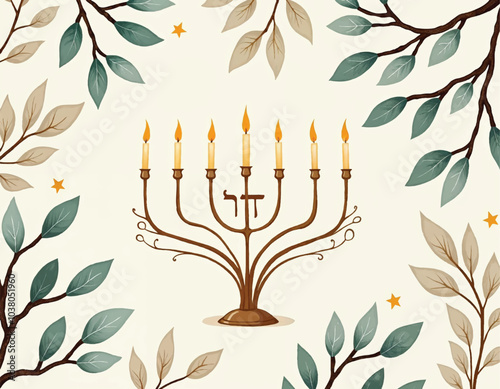 a vector wallpaper with a menorah and candles in the style of the holy spirit with leaves arround it