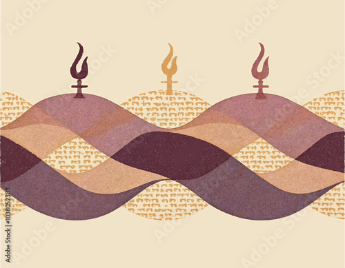 a poster with hebrew text and hanukkah flames forming a torah scrolls flowing like a wave