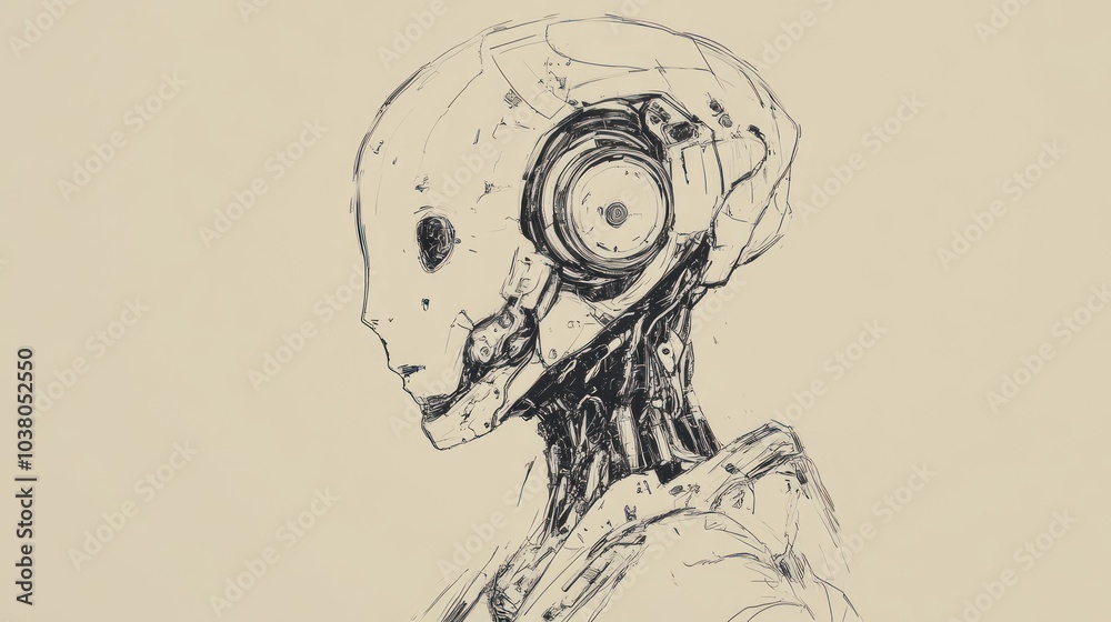 Artistic Sketch of Futuristic Robot: Invention and Technology in Monochrome Style