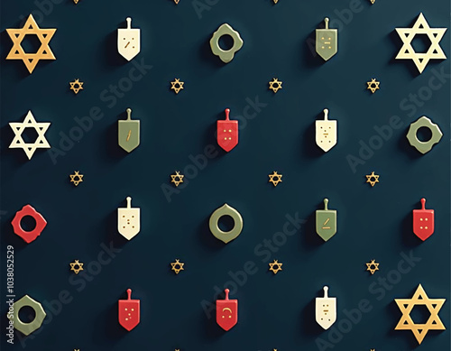 a wall with a bunch of colorful hanukkah symbols including stars of david and dreidels on it