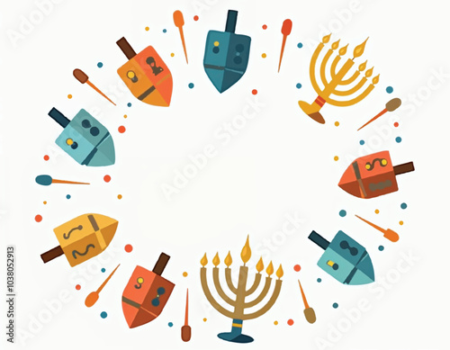 a colorful vector illustration of a design with menorahs and dreidels on white background