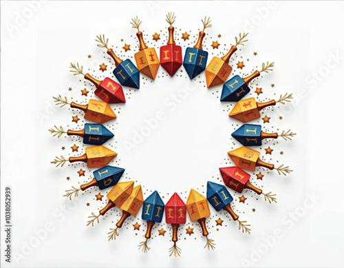 a colorful vector ornaments  of dreidels with decorative branches form a circular frame