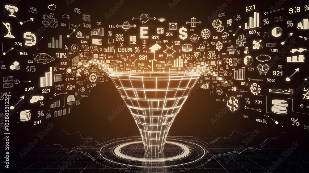 Fototapeta premium A glowing tunnel of financial symbols leading into a 3D funnel, representing the journey from raw data to valuable insights. ( Business Concept )