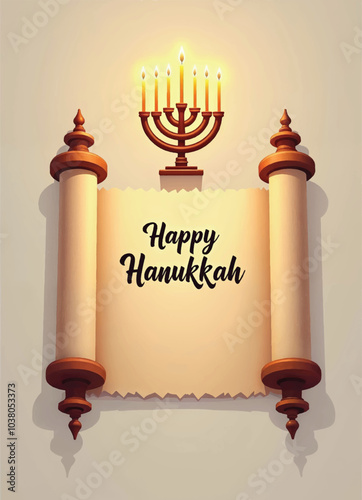 a poster that says happy hanukkah on an opened torah scroll and menorah with glowing candle flames