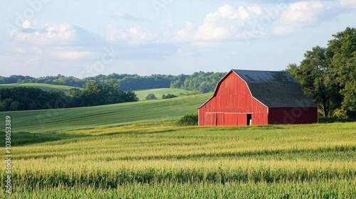 Classic red barn surrounded by green fields on a sunny day