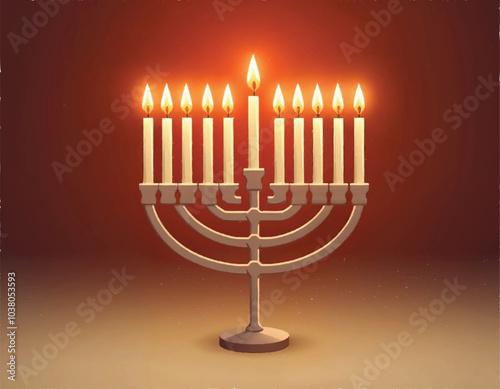 vector illustration of a hanukkah menorah with the glowing candle flames on a brown background