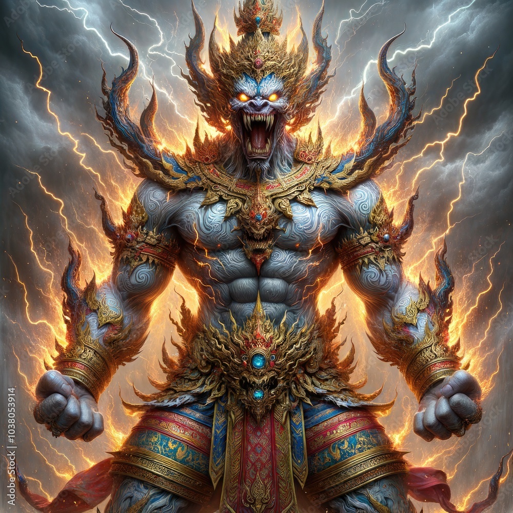 Fierce Demon Warrior: A Majestic, Armored Mythical Fighter Radiating Power with Flaming Headdress and Lightning, Amidst a Chaotic Storm, Poised for a Devastating Strike