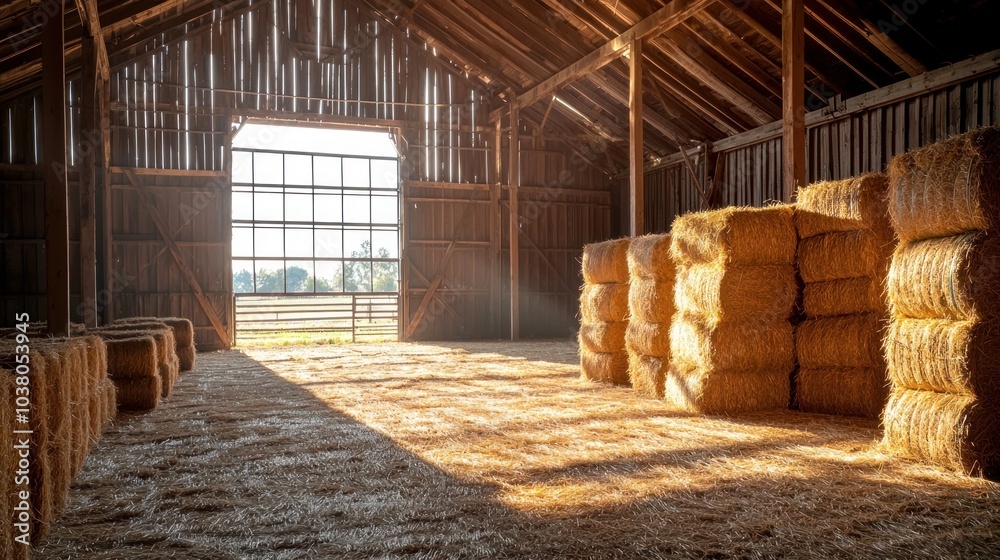 Interior of a barn with hay bales stacked neatly and sunlight streaming through windows Interior of a barn with hay bales stacked neatly and sunlight streaming through windows