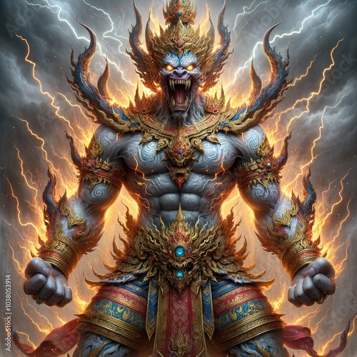 Wallpaper Mural Fierce Demon Warrior: A Majestic, Armored Mythical Fighter Radiating Power with Flaming Headdress and Lightning, Amidst a Chaotic Storm, Poised for a Devastating Strike Torontodigital.ca