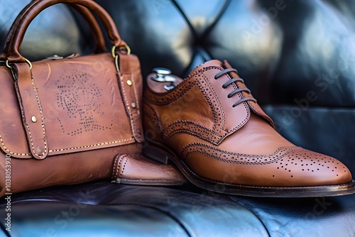 A stylish brown leather shoe and handbag displayed on a textured surface.