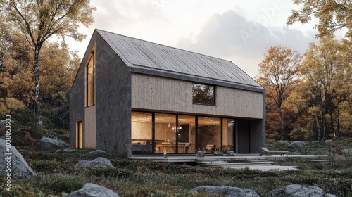 Modern Minimalist Cabin in Autumnal Forest: A stunning architectural rendering showcases a sleek, modern cabin nestled amidst the vibrant hues of an autumnal forest. The contemporary design.