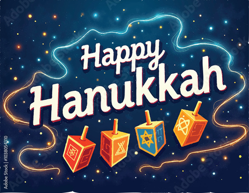 a poster for happy hanukkah with a blue background and a neon sign with colorful dreidels and stars