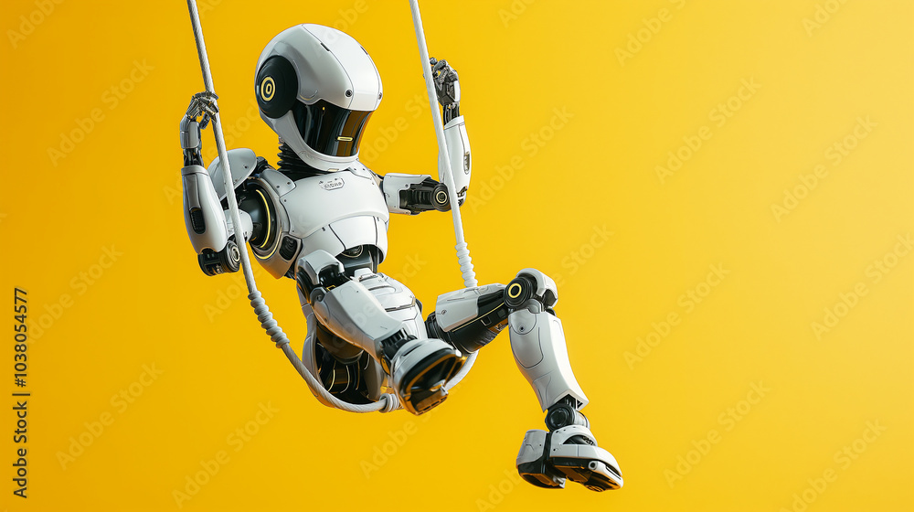 Freedom of Technology, robot on swing on color background Freedom of Technology, robot on swing on color background
