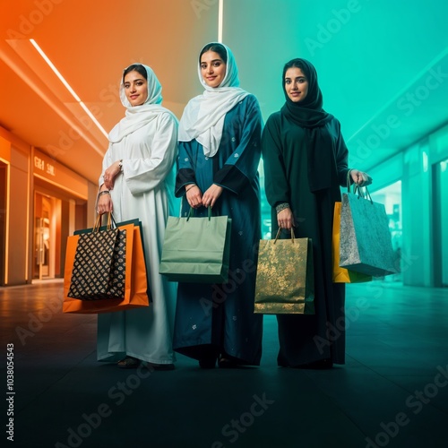 Two arab middle eastern Saudi women in hijab and traditional formal Abaya with shopping bags, on white isolated background, with different poses, expressions, hand and gestures
