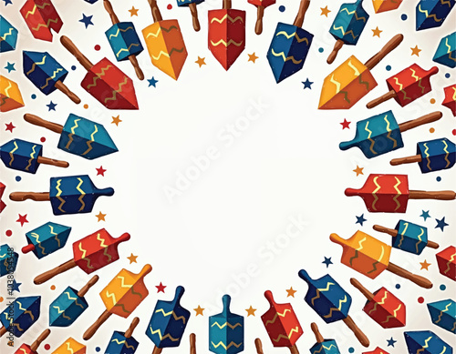 vector of a circle of colorful hanukkah dreidels with a circle of stars in the white background