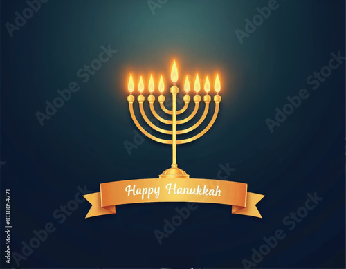 a happy hanukkah greeting card with a golden menorah and glowing candle flames  on dark background