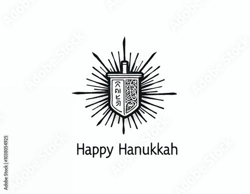 vector of a white background that says happy hanukkah with a dreidel and light rays behind on it