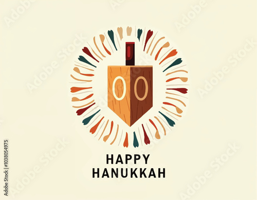 a poster that says happy hanukkah on it with a wooden dreidel and colorful ornaments arround it