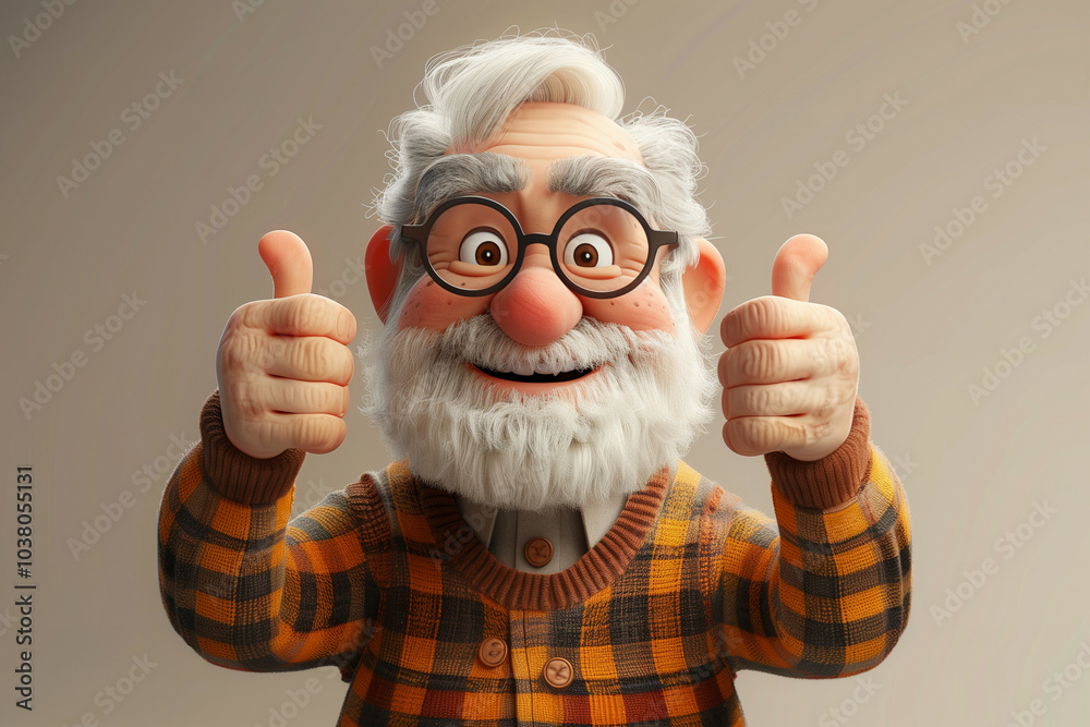 A cheerful 3D animated character of an elderly man giving thumbs up in a colorful plaid sweater and round glasses A cheerful 3D animated character of an elderly man giving thumbs up in a colorful plaid sweater and round glasses