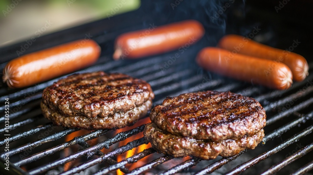 Grilling juicy burgers and hot dogs on a barbecue grill in a backyard Grilling juicy burgers and hot dogs on a barbecue grill in a backyard