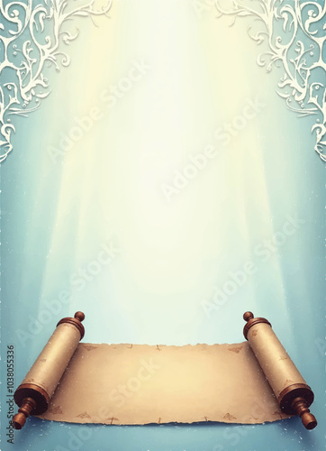 a vector of a window light with a white and gold frame and a blue sky with a hanukkah torah scroll