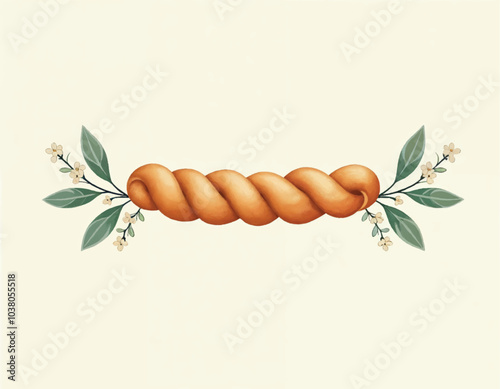 a vector drawing of a hanukkah challah loaf with a branch of olive leaves on white background